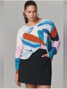 Anthropologie Multicolor Brushstroke Long-Sleeve Top